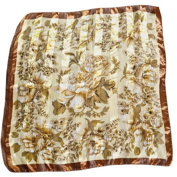 None Accessories - Vtg Floral Peony Satin Scarf Brown Border Lrg Square Lightweight Sheer Material